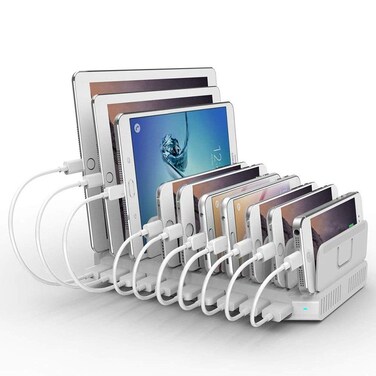 Alxum iPad Charging Station, 96W 10 Port USB Charging Station for Tablet and More Multi Devices Organizer with Detachable Dividers, White
