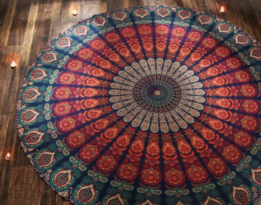 RAJRANG Boho Mandala Roundie Gypsy Hippie Tapestry Decorative Cotton Tablecloth Meditation Yoga Mat - Golden Blue - 72 Inches
