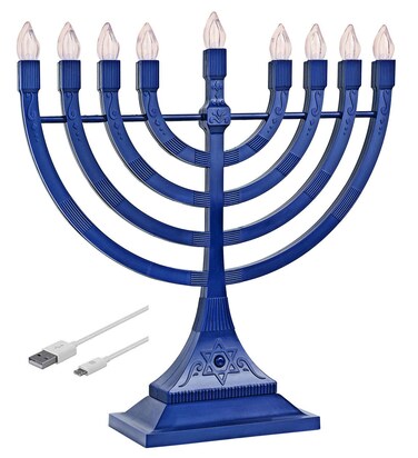 Zion Judaica Blue Electronic Hanukkah Menorah Powered by Batteries or USB 4' Cable Included Flameless Chanukkah Candles Holder LED Electric Minorah Bulbs Chanukah Deco Chanukkiah