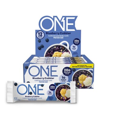 ONE Protein Bars, Blueberry Cobbler, Gluten Free with 20g Protein and 1g Sugar, Pantry Staples, 2.12 oz (12 Count)