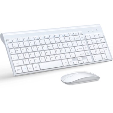 Wireless Keyboard and Mouse Ultra Slim Combo, TopMate 2.4G Silent Compact USB 2400DPI Mouse and Scissor Switch Keyboard Set with Cover, 2 AA and 2 AAA Batteries, for PC/Laptop/Windows/Mac - White