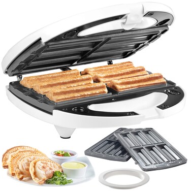 Empanada &amp; Churro Maker Machine- Electric Cooker w 4 Removable Plates- Easier than a Press- Includes Dough Cutting Circle for Easy Measurement, Mexican Dinner Party Night Treat, Dessert Food Supplies