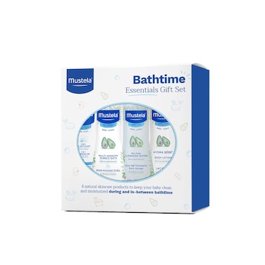 Mustela Baby Bath Time Essentials Gift Set - Natural &amp; Plant-Based Baby Skin Care - 4 Items Set