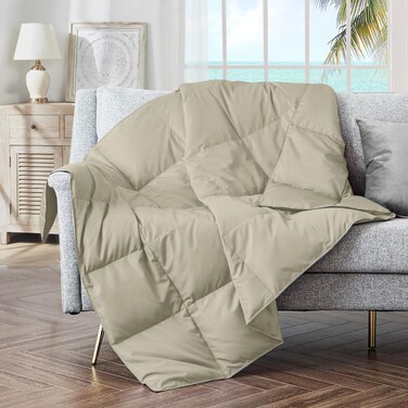 puredown&reg; Soft Feather Down Throw Blanket Lightweight Packable Couch Throw for Indoor and Outdoor Use, 50"X70", Beige