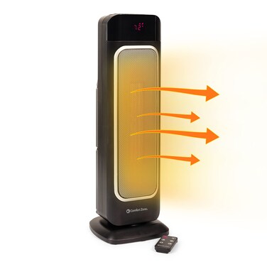 Comfort Zone Electric 24" Oscillating Digital Tower Space Heater with Full Function Remote, Adjustable Thermostat, and Overheat Protection, Ideal for Home, Bedroom, &amp; Office, 1,500W, CZ523RBK