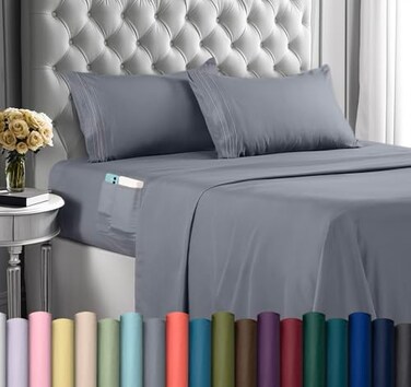 Utopia Bedding Queen Sheet Set, Soft Microfiber 4 Piece Hotel Luxury Bed Sheets for Women, Men, Kids &amp; Teens with Side Storage Deep Pocket Fitted Sheet - Embroidered Pillow Cases - Flat Sheet (Grey)