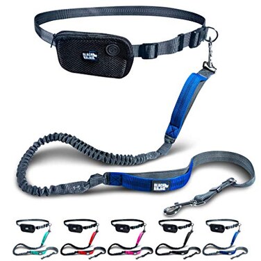 Black Rhino - Premium Hands Free Dog Leash for Running Walking Jogging &amp; Hiking - Adjustable Length Dual Handle Bungee Leash Medium&ndash;Large Dogs Neoprene Padded Handles &ndash; Free Running Pouch Blue/Gr
