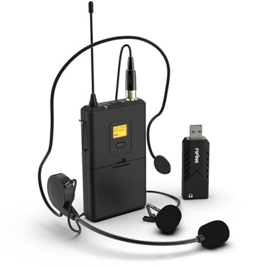 FIFINE Wireless Microphones for Computer, USB Wireless Microphone System for PC and Mac, Headset UHF System with USB Receiver,Transmitter, Headset and Clip Lavalier Lapel Mic-K031B