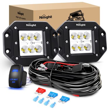 Nilight LED Light Bar 2PCS 18W Flush Mount Flood Led Off Road Lights 12V 5Pin Rocker Switch LED Light Bar Wiring Harness Kit, Model: ZH075