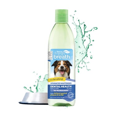 TropiClean Fresh Breath Advanced Whitening Water Additive for Dogs   Breath Freshener and Teeth Cleaning Solution   3D MICROGUARD   16oz.