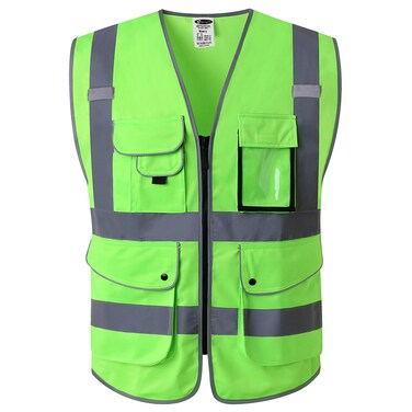 JKSafety 9 Pockets Class 2 High Visibility Zipper Front Safety Vest With Reflective Strips, Meets ANSI/ISEA Standards (Large, 150-Green)