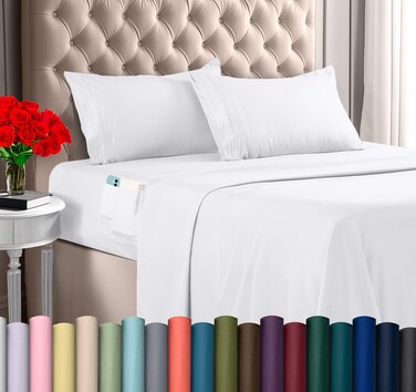 Utopia Bedding Queen Sheet Set, Soft Microfiber 4 Piece Hotel Luxury Bed Sheets for Women, Men, Kids &amp; Teens with Side Storage Deep Pocket Fitted Sheet - Embroidered Pillow Cases - Flat Sheet (White)