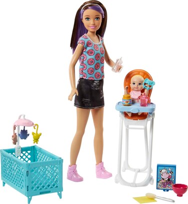 Barbie Skipper Babysitters Inc Dolls &amp; Accessories, Set with Skipper Doll, Color-Change Baby Doll, High Chair &amp; Crib Furniture