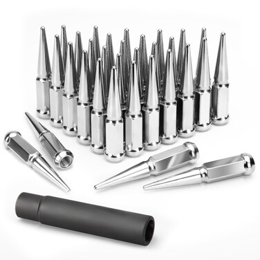 KSP F250 F350 Spike Lug Nuts 32pcs, 9/16-18" Chrome Spiked Lug Nut Compatible with Dodge Ram 2500 3500 1994-2011, 4.4" Height Bulge Acorn Alloy Steel Spikes Lug Nut with 1 Socket Key for 8x165.1 Rim