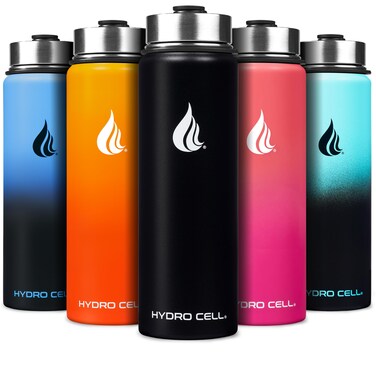 HYDRO CELL Stainless Steel Insulated Water Bottle with Straw - For Cold &amp; Hot Drinks - Metal Vacuum Flask with Screw Cap and Modern Leakproof Sport Thermos for Kids &amp; Adults (Black 24oz)