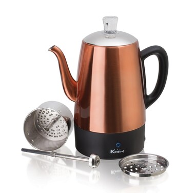 Euro Cuisine PER08 Stainless Steel Electric Coffee Percolator, 8 Cup, Polished Copper Finish, Dripless Gooseneck Spout, Clear Glass Knob, Brewing Indication, Keep-Warm Function, Detachable Cord
