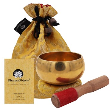 DharmaObjects Medium ~ Tibetan OM MANI Singing Bowl Set ~ With Mallet, Brocade Cushion &amp; Carry Bag ~ For Meditation, Chakra Healing, Prayer, Yoga (Yellow)