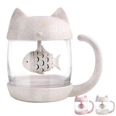 BigNoseDeer Cat Tea Cup Cute Tea Mug Glass Tea Pot with Fish Tea Infuser for Loose Leaf Tea (White 8oz)