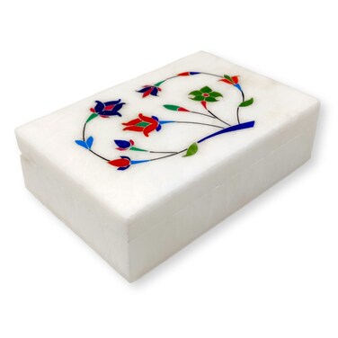 Hashcart Marble Jewelry Box Organizer - Decorative Trinket Box - Hand carved Floral Design - Keepsake Box   Anniversary, Housewarming Gifts For Women   (6x4 inch)