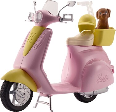 Barbie Toy Scooter with Puppy &amp; Helmet Accessory, Pink &amp; Yellow Moped with Basket, Kickstand &amp; Seat Clip for Doll