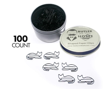Butler in the Home Animal Cat Shaped Paper Clips in Silver Tin and Gift Box Great for Paper Clip Collectors or Animal Lovers (Black 100 Count)