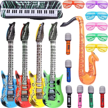 GuassLee Inflatable Rock Star Toy Set, 18 Pack Inflatable Party Props - 4 Inflatable Guitar, 6 Microphones, 6 Shutter Shading Glasses, 1 Saxophone and 1 Inflatable Keyboard Piano Inflatable Rock toys