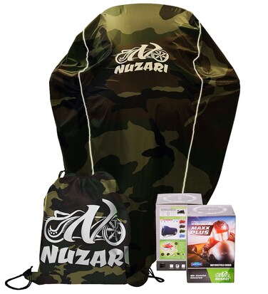 Breathable Motorcycle Cover W/Elastic Bottom. Premium Heavy Duty Outdoor Waterproof All Season Polyester W/Soft Screen Shield. Universal Heat Resistant Lockable Fabric (Camouflage, Medium)