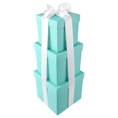 Homeford Nested Square Gift Boxes, Robin's Egg Blue, 5-inch, 6-inch, 7-inch, 3-piece, 1.5-inch White Satin Ribbon