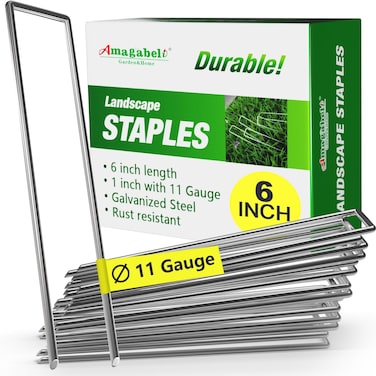 AMAGABELI GARDEN &amp; HOME 200 Pack Galvanized Landscape Staples 6 Inch 11 Gauge Garden Staples Garden Stakes Plant Cover Stakes U-Shaped Landscape Stakes Landscape Pins for Weed Barrier Fabric