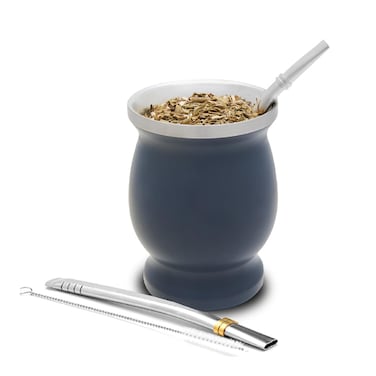 balibetov Mate Cup and Bombilla Set - Yerba Mate set includes One Yerba Mate Cup, Two Bombilla Mate (Straw) and Brush - Stainless Steel Double-Wall   Easy to Clean Yerba Mate Gourd (Grey)
