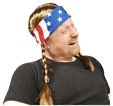 HandinHandCreations Willie Braided Wig with USA Bandana - Hillbilly Country Red Neck Cowboy Costume One Size Fits All