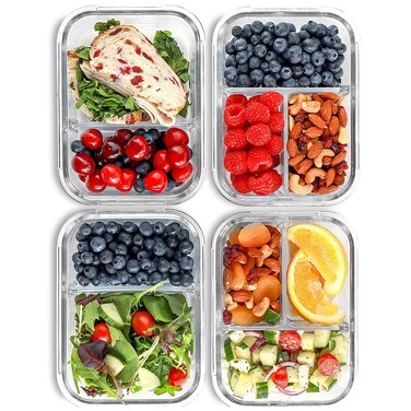 FIT Strong &amp; Healthy Glass Meal Prep Containers, 2 &amp; 3 Compartments - Portion Control, Lunch Container Set, Food Storage, Airtight Lids, Oven &amp; Freezer Safe, Leak-Proof Bento Box, 32 oz, Blue, 4 Pack