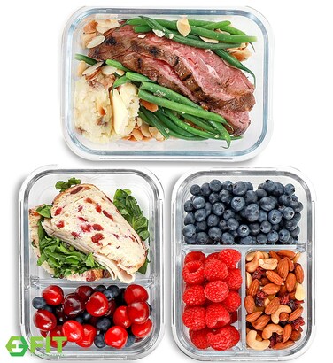 FIT Strong &amp; Healthy Glass Meal Prep Containers, 1 &amp; 2 &amp; 3 Compartments - Portion Control, Lunch Container, Food Storage, Airtight Lids, Oven &amp; Freezer Safe, Leak-Proof Bento Box, 35 oz, Blue, 3 Pack