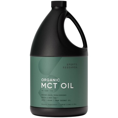Sports Research Keto MCT Oil from Organic Coconuts - Fatty Acid Fuel for Body + Brain - Triple Ingredient C8, C10, C12 MCTs - Perfect in Coffee, Tea, &amp; More - Non-GMO &amp; Vegan - Unflavored (128 Oz)