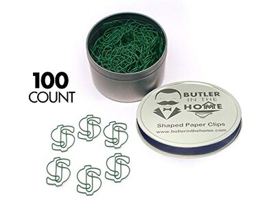 Butler in the Home Money Dollar Sign $ Shaped Paper Clips Great for Paper Clip Collectors or Office Gift - Comes in Round Tin with Lid and Gift Box (100 Count Green)
