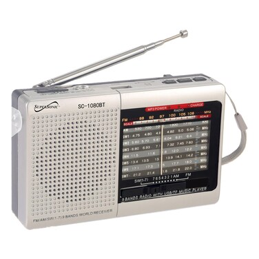Supersonic SC-1080BT 9-Band Radio with Bluetooth, Portable Small Multi Band Radio Stereo, USB and Micro SD Input, Torch Light, and Rechargeable Battery