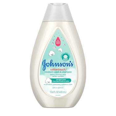 Johnson's CottonTouch Newborn Baby Body Wash &amp; Shampoo, Gentle &amp; Tear-Free, Made with Real Cotton, Gently Washes Away Dirt &amp; Germs, Sulfate- &amp; Paraben-Free for Sensitive Skin, 13.6 fl. oz
