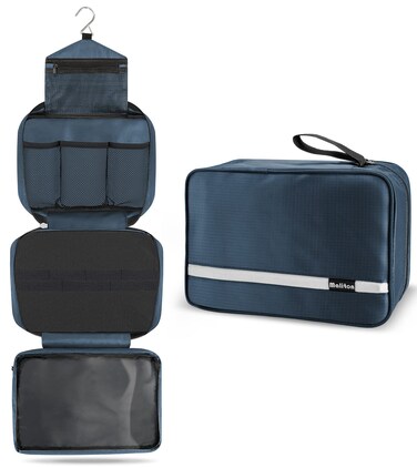 Maliton Hanging Toiletry Bag   Compact Travel Toiletry Bag for Men/Women   Foldable Mens Hygiene Bag with 4 Compartments  Waterproof Travel Bathroom Bag (Navy Blue)