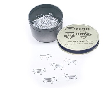 Butler in the Home Horse Shaped Paper Clips Great for Paper Clip Collectors or Office Gift - Comes in Round Tin with Lid and Gift Box (100 Count White)