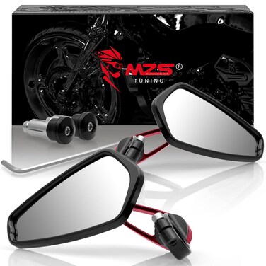 MZS Motorcycle Bar End Mirrors, Red 7/8 Universal Rear View Mirror Standard Hollow Side Compatible with Street Sport Naked Road Bike Cruisers Touring Scooter