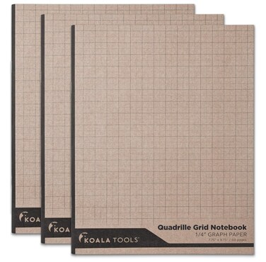 KOALA TOOLS   Graph Paper Notebook (3 Pack)   7.75" x 9.75", 60 pp. - Quad, Grid, Graphing Field Notebook Set - For Scientific and Math Use