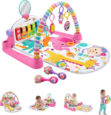 Fisher-Price Baby Gift Set Deluxe Kick &amp; Play Piano Gym &amp; Maracas, Playmat &amp; Musical Toy with Smart Stages Learning Content Plus 2 Rattles [Amazon Exclusive]