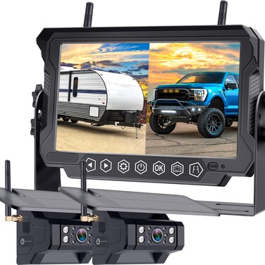 FHD 1080P Digital Wireless Dual Backup Camera 7'' DVR Monitor Kit Split Screen for Trailer/RV/Truck/Camper Rear/Side/Front View Camera Night Vision IP69K Waterproof Driving/Reversing Use