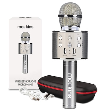 Mockins Silver Bluetooth Karaoke Microphone for Kids with Built in Bluetooth Microphone Wireless Speaker  Wireless Microphone Karaoke Compatible with iOS &amp; Android   All-in-One Karaoke Mic