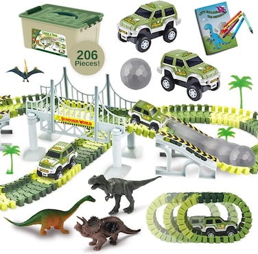 ToyVelt Dinosaur Toys Race Track Set - Create A Dinosaur World Race 2021 Edition Playset Includes 3 Cars &amp; Mega Ball and Container Gift for Boys &amp; Girls Ages 3-6