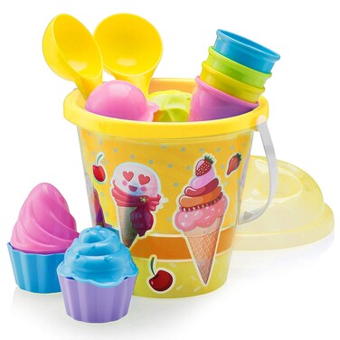 Top Race Beach Toys Set with Large 9'' Bucket Pail and Spade Scoop Shovels for Kids   16pcs Yellow Ice Cream Playset for Kids &amp; Toddlers Ages 1.5,2,3,4,5,6,7,8,9   Great Sand Toys for Outdoor Sandbox