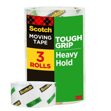 Scotch Tough Grip Moving Packing Tape, Clear, Moving Tape That Secures Boxes up to 80 Pounds, 1.88 in. x 38.2 yd., 3 Tape Rolls