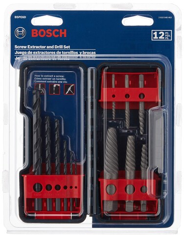 BOSCH BSPE6D 12-Piece Assorted Set Spiral Flute High-Carbon Steel Screw Extractor &amp; Black Oxide Drill Bits Ideal for Removing Stripped Screws, Bolts, Fasteners