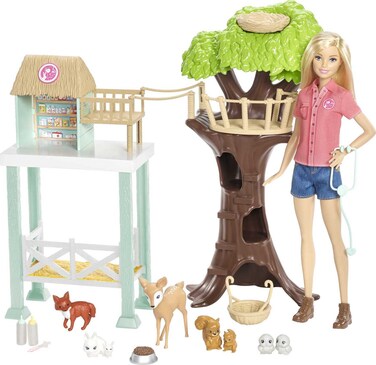 Barbie Vet Doll &amp; Playset, Animal Rescuer Theme with 8 Wildlife Figures, Treehouse, Care Station, Rope Bridge &amp; Accessories