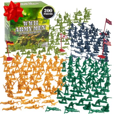 World War II Army Men Toy Action Figure Playset- 200pc Including Soldiers &amp; Flags from The US, Great Britain, Germany &amp; Japan Posed in Realistic Combat Positions- Gift Set for Kids &amp; Collectors